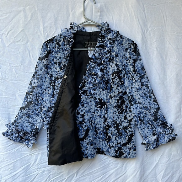 Alex Evenings •Blue/Black Floral, 3/4 Sleeve,Collared Evening Blouse SzLG - Picture 9 of 13